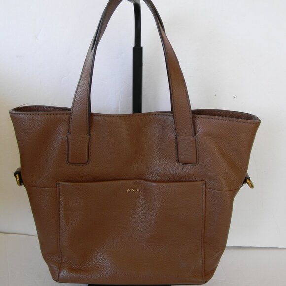 FOSSIL DARBY SATCHEL FRONT POCKET TOTE TAN BROWN PEBBLE LEATHER MEDIUM SIZE - Picture 1 of 10